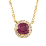 An 18ct gold ruby and brilliant-cut diamond cluster pendant, with chain.