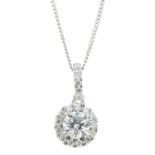 A platinum brilliant-cut diamond cluster pendant, with chain.