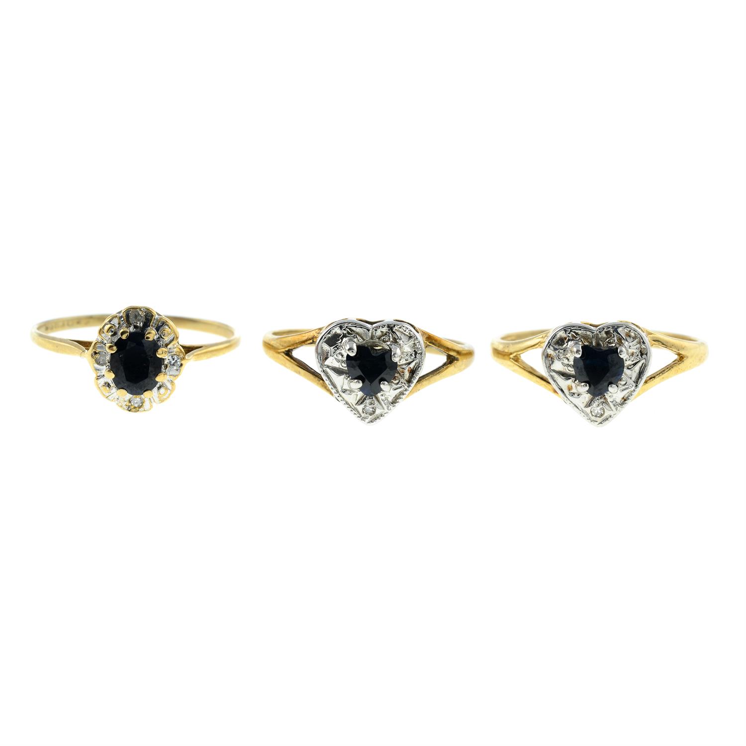 Three 9ct gold sapphire and diamond rings.