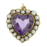A late 19th century heart-shape amethyst and split pearl cluster pendant.