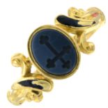 A mid Victorian 18ct gold sardonyx cross intaglio and enamel mourning ring.