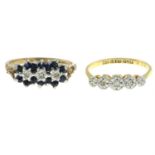 A 9ct gold sapphire and diamond ring, and a mid 20th century single-cut diamond five-stone ring.