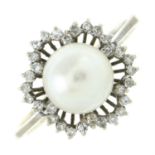 A cultured pearl and single-cut diamond floral cluster ring.