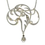 A rose-cut diamond openwork foliate pendant, with chain.
