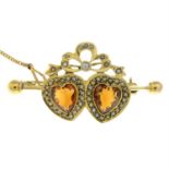 An early 20th century gold citrine and split pearl double heart bar brooch.