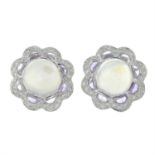 A pair of 18ct gold moonstone, amethyst and diamond cluster earrings.