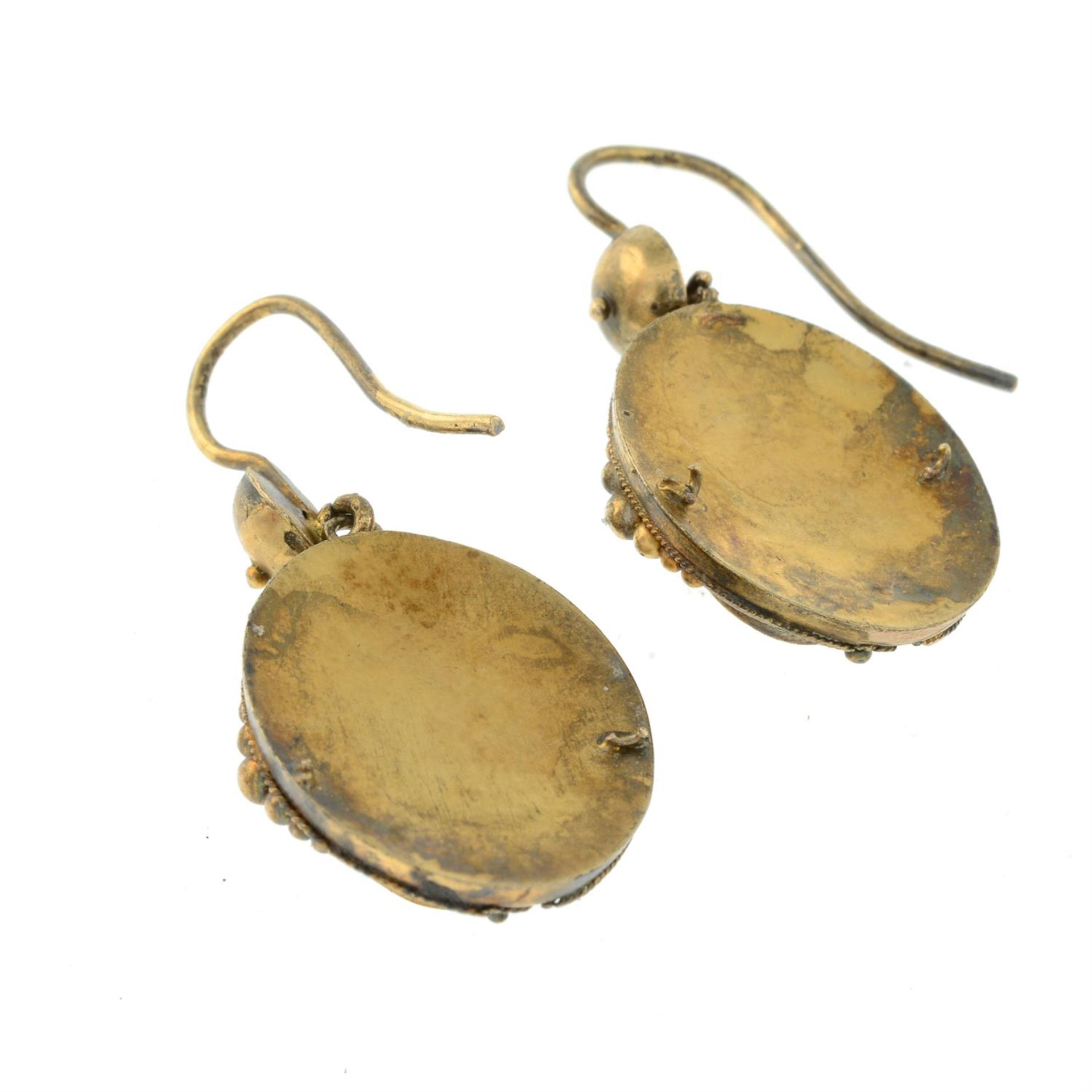 A pair of Victorian gold split pearl and enamel cannetille drop earrings. - Image 2 of 2