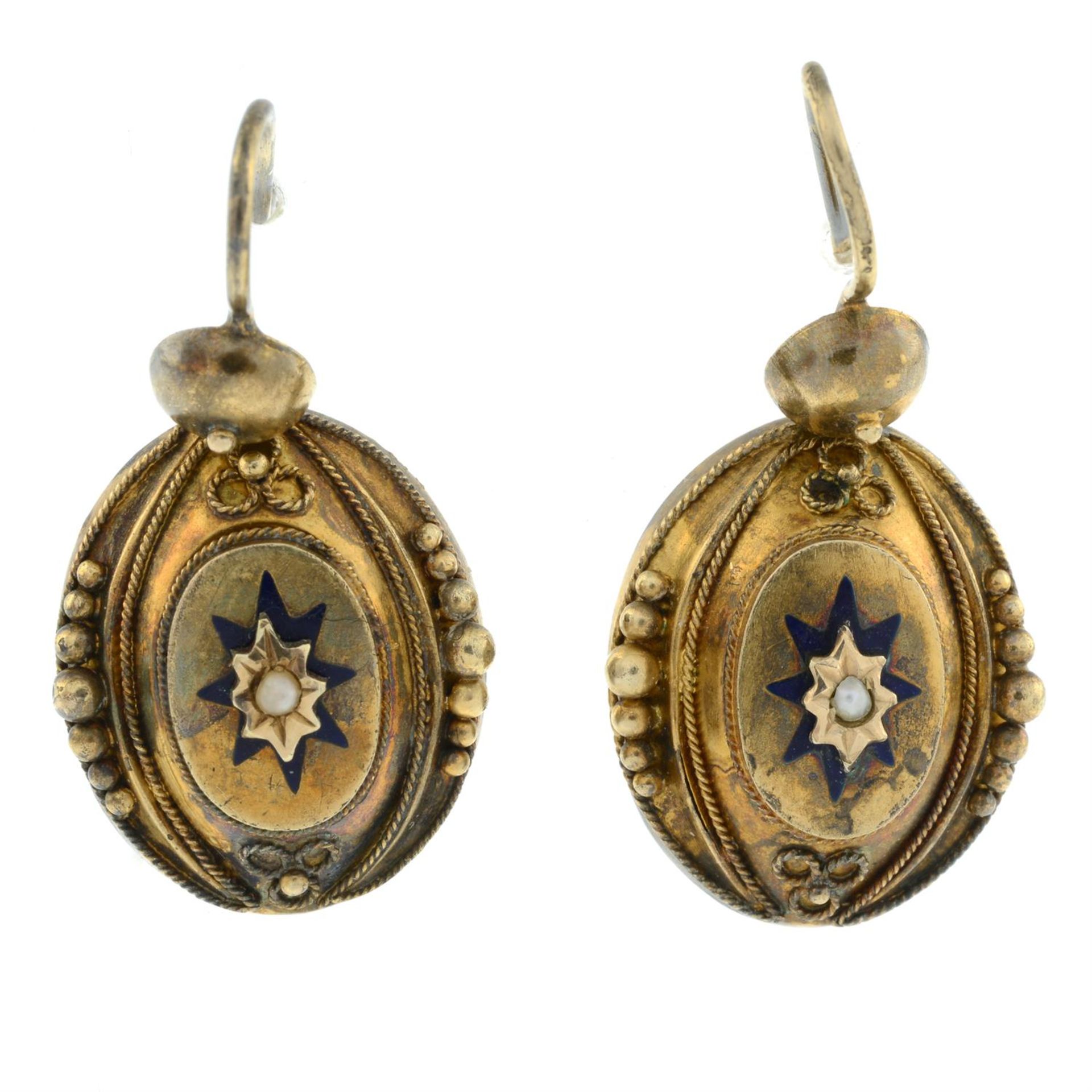 A pair of Victorian gold split pearl and enamel cannetille drop earrings.