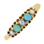 A late Victorian 18ct gold split pearl and turquoise five-stone ring.