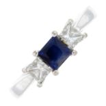 An 18ct gold sapphire and square-shape diamond three-stone ring.