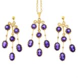 An amethyst drop pendant, on 9ct gold chain, together with a pair of matching drop earrings.