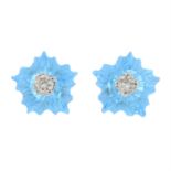 A pair of carved blue topaz and brilliant-cut diamond stylised floral stud earrings.