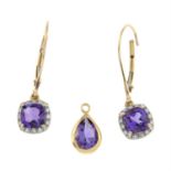 A pair of amethyst and single-cut diamond drop earrings, with a pear shape pendant.