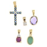 Two 9ct gold gem-set pendants, together with two further gem-set pendants.