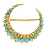 A Victorian gold turquoise and split pearl crescent moon brooch.