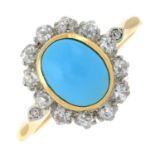 An early 20th century gold turquoise single-stone ring, with old-cut diamond surround and shoulders.