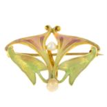 An Art Nouveau gold enamel and mabé pearl openwork brooch.