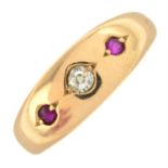 A Victorian 15ct gold ruby and old-cut diamond three-stone ring.