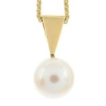 A single cultured pearl pendant, with 9ct gold chain.