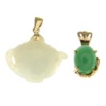 A 9ct gold jade pendant, together with a further jade pendant.
