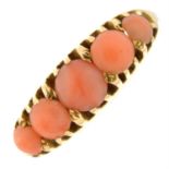 A late Victorian 15ct gold coral cabochon five-stone ring.