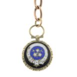 A late 19th century vari-hue enamel mourning locket, on 9ct gold fancy-link chain.