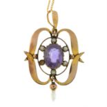 An Edwardian 9ct gold amethyst and split pearl openwork pendant, with dogtooth pearl drop and later