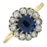 A late Victorian 9ct gold old-cut diamond and sapphire cluster ring.
