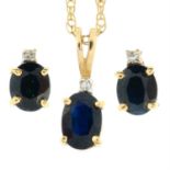 A oval-shape sapphire and single-cut diamond pendant, with chain, together with matching stud