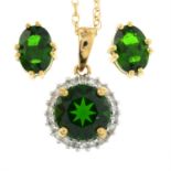 A 9ct gold green diopside and diamond cluster pendant, with chain, and a pair of green diopside