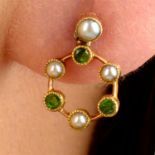 A pair of demantoid garnet and split pearl earrings.