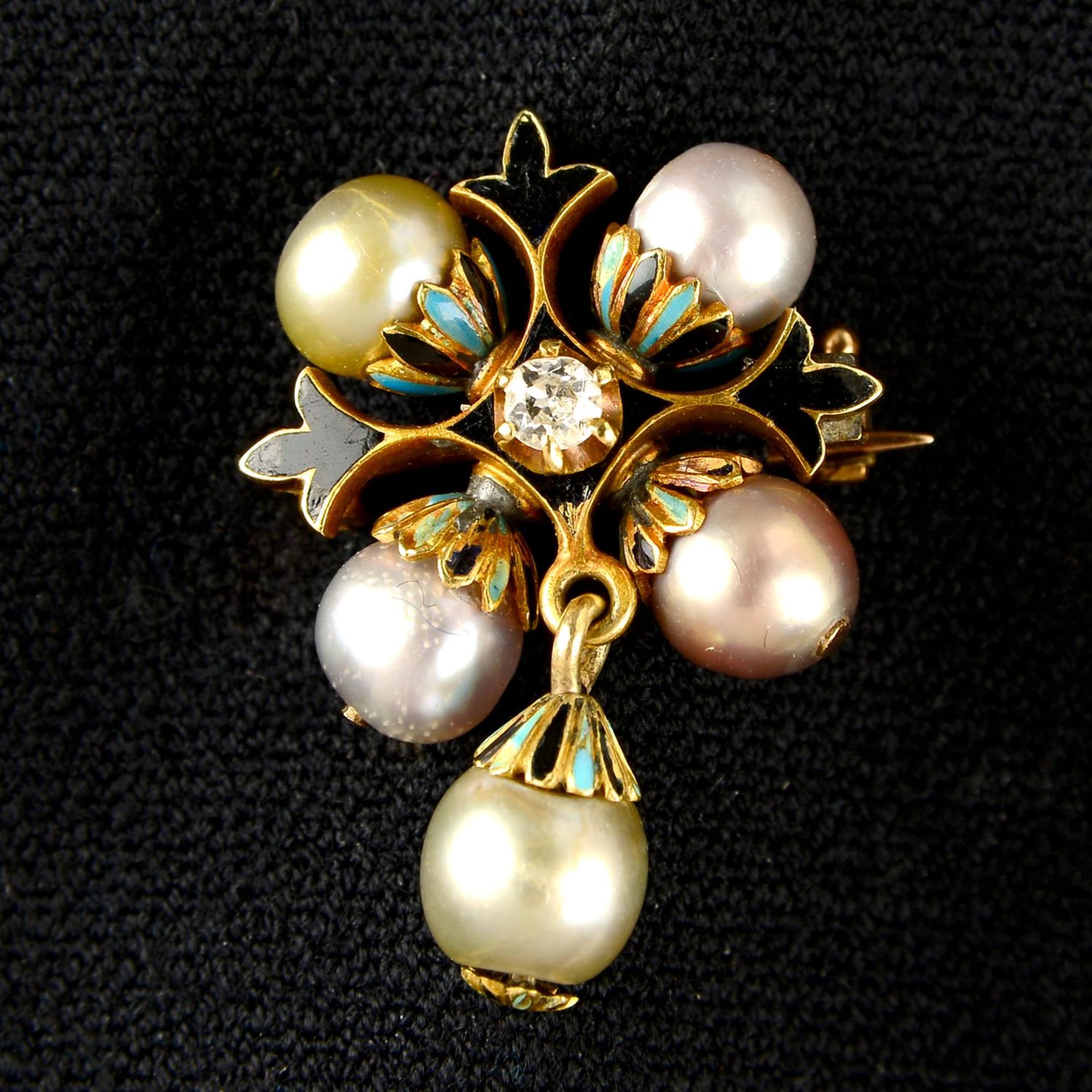 A mid to late 19th century gold, old-cut diamond, enamel and pearl pendant.