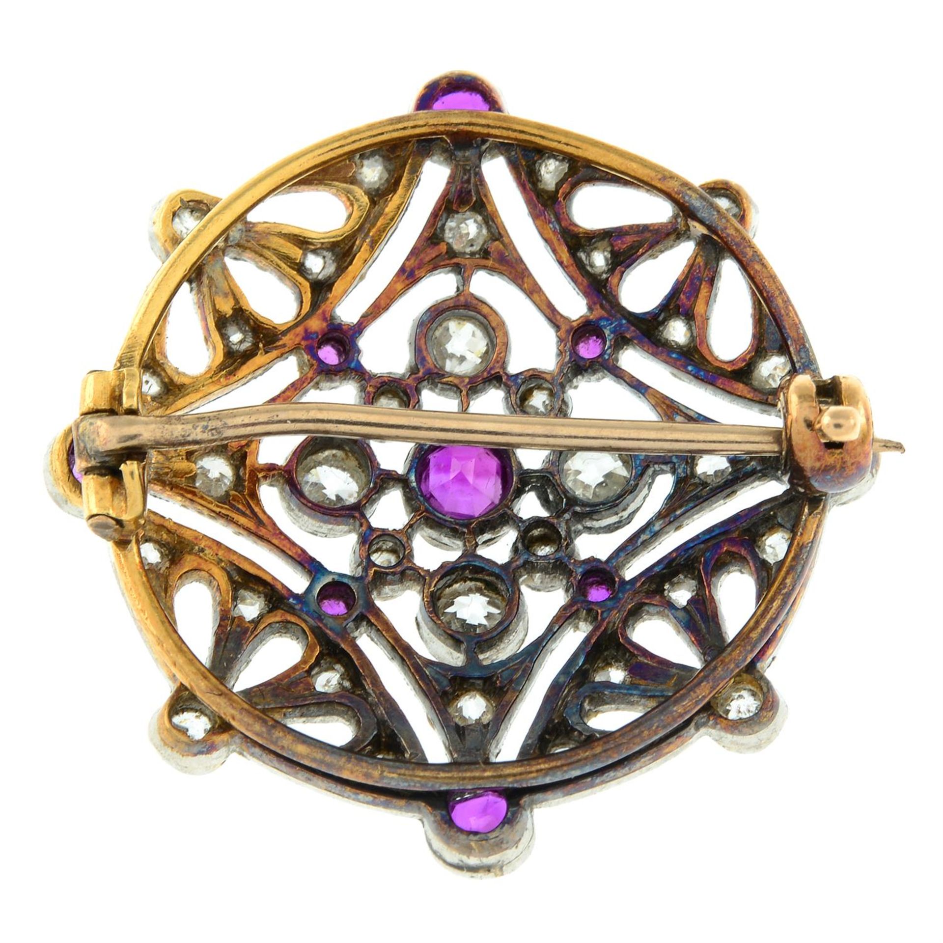 An Edwardian platinum and gold ruby, rose and old-cut diamond openwork brooch. - Image 3 of 4