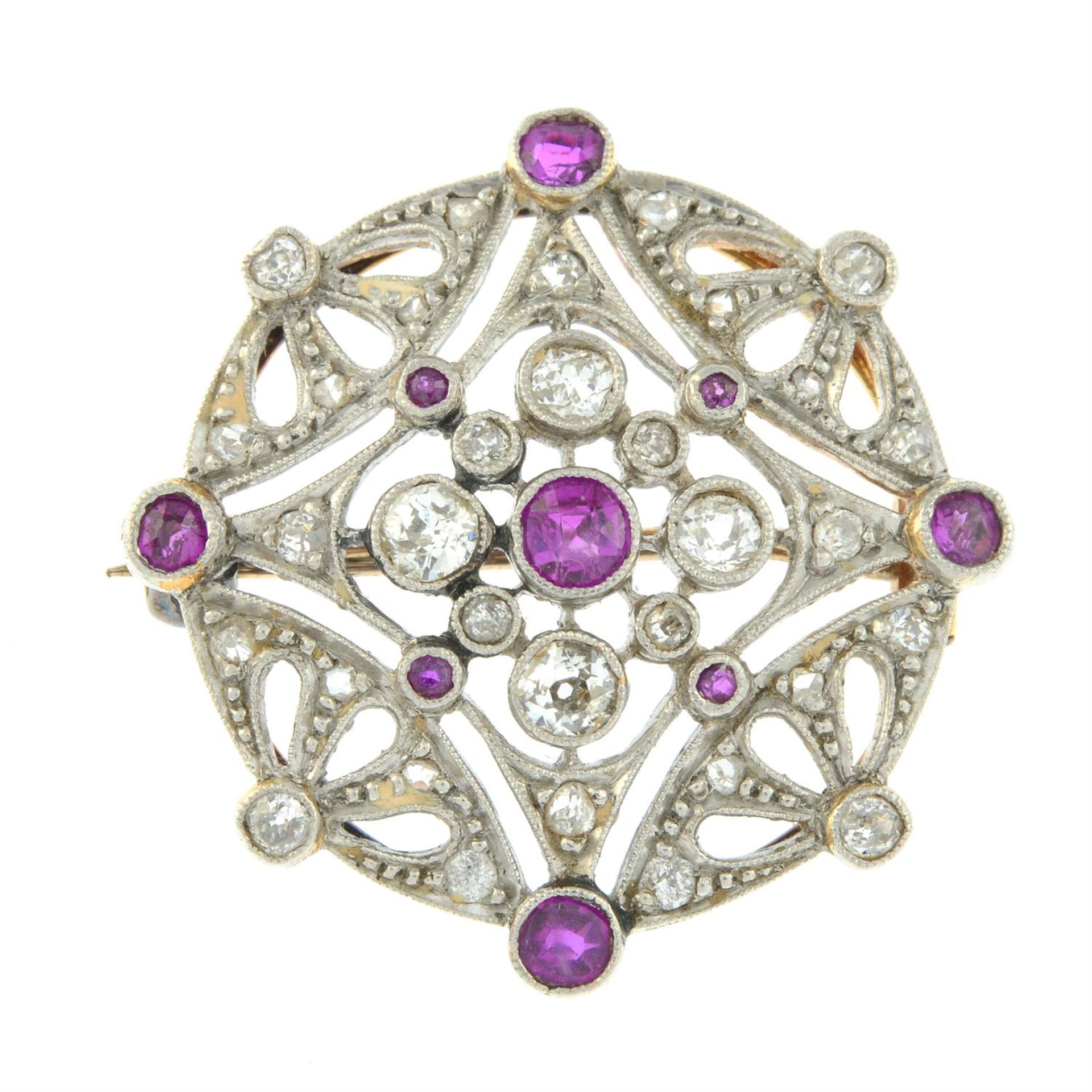 An Edwardian platinum and gold ruby, rose and old-cut diamond openwork brooch. - Image 2 of 4