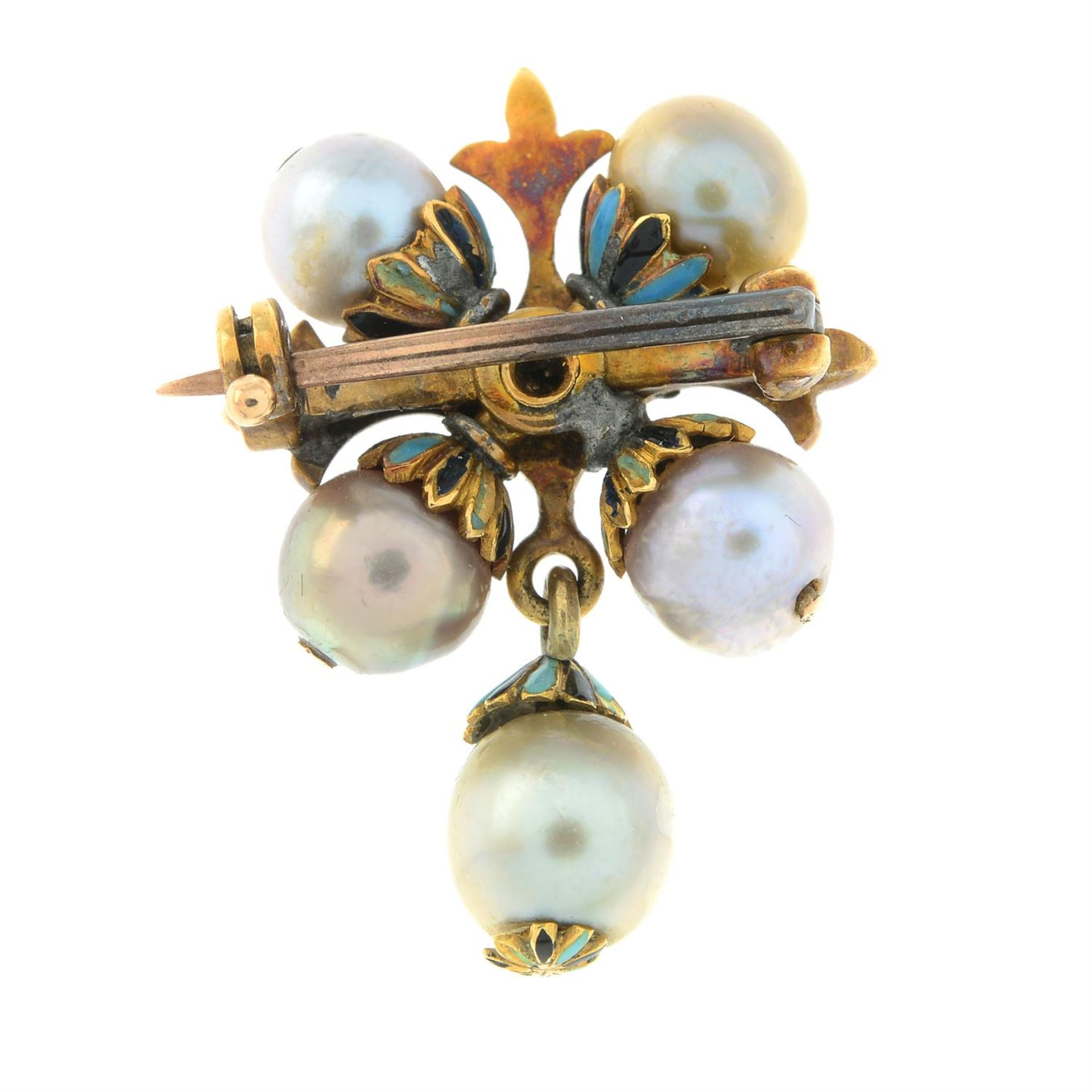 A mid to late 19th century gold, old-cut diamond, enamel and pearl pendant. - Bild 3 aus 4