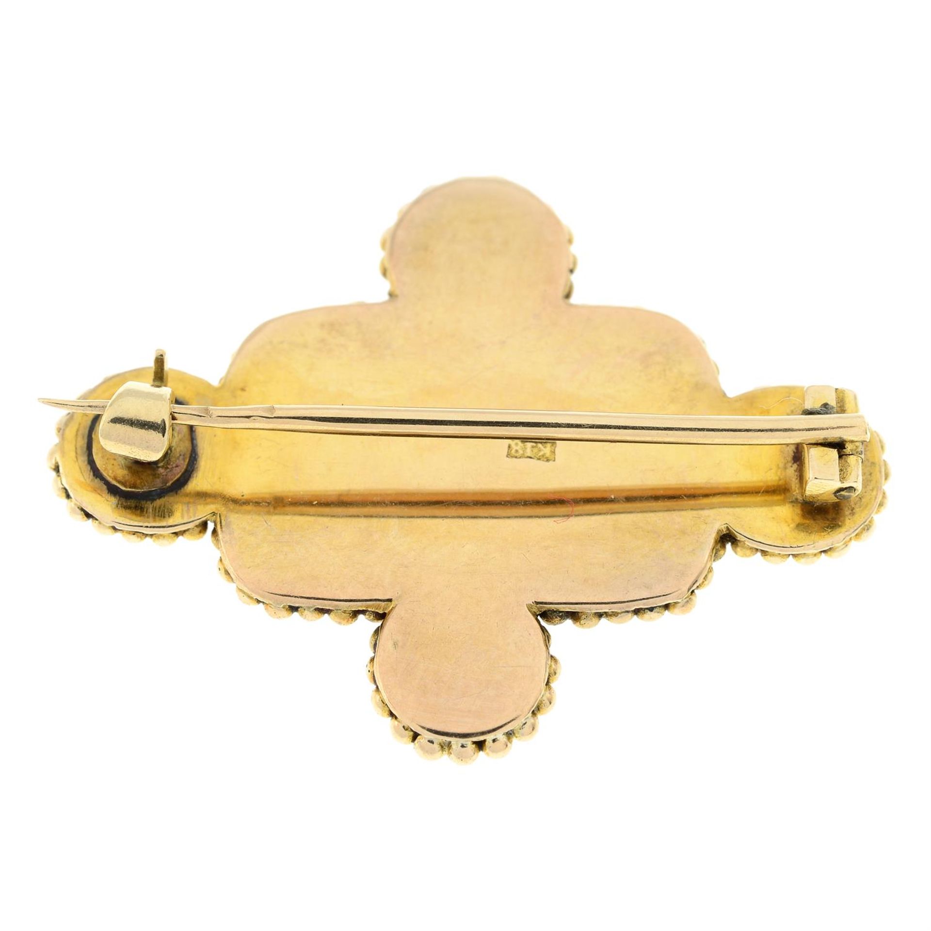 A mid 20th century gold jade and garnet panel brooch. - Image 3 of 4