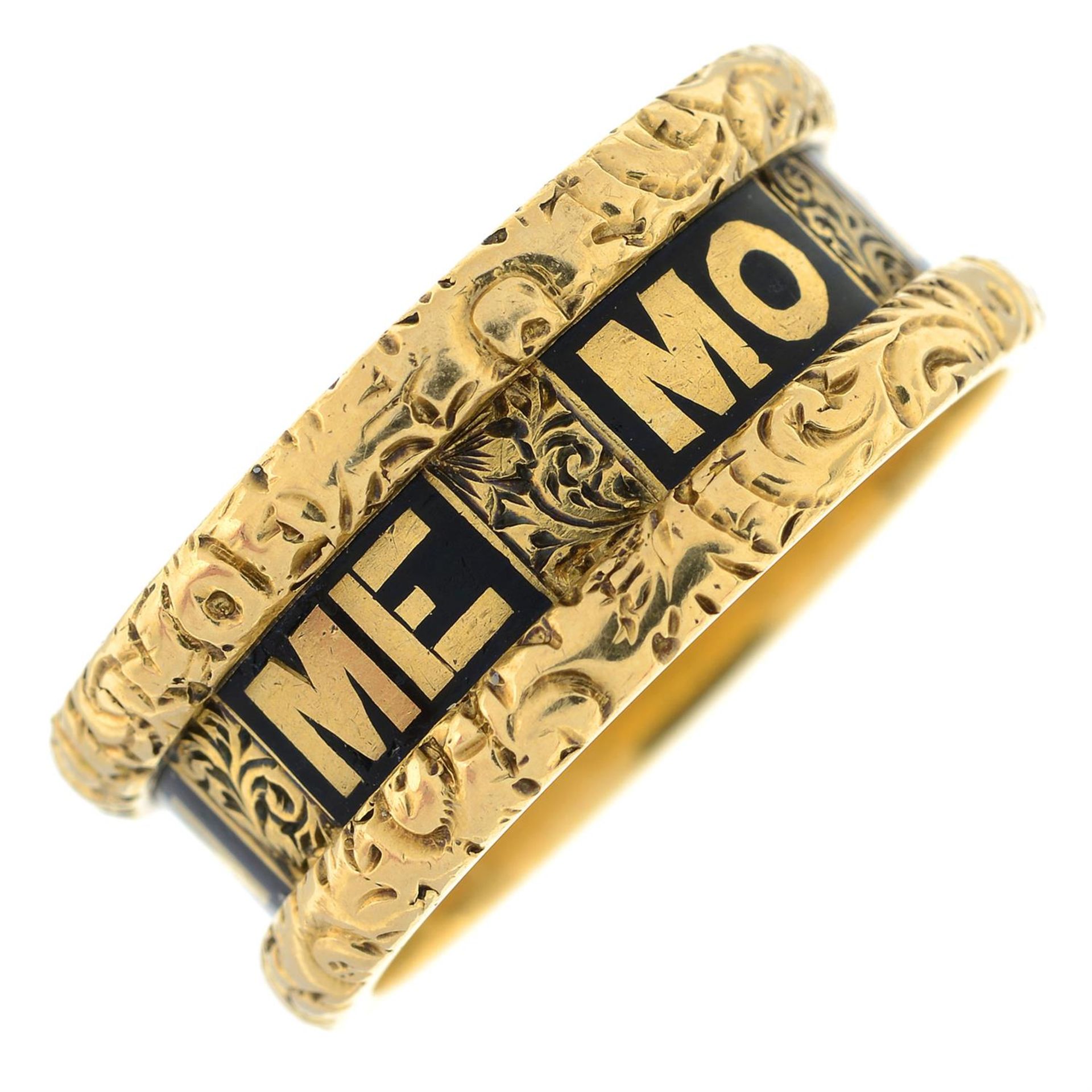 A late Victorian 18ct gold mourning ring, with black enamel 'In Memory Of' script and floral border. - Image 2 of 5