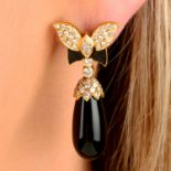 A pair of vari-cut diamond and black enamel butterfly earrings, with diamond and onyx drop.
