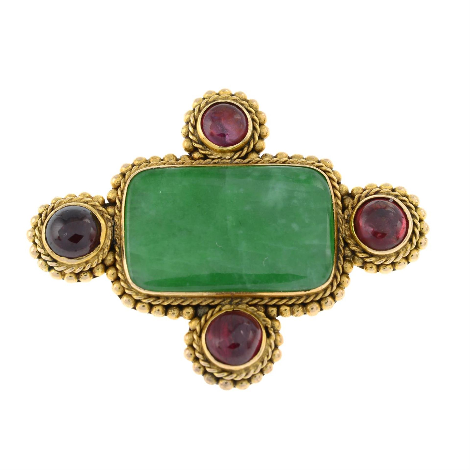 A mid 20th century gold jade and garnet panel brooch. - Image 2 of 4