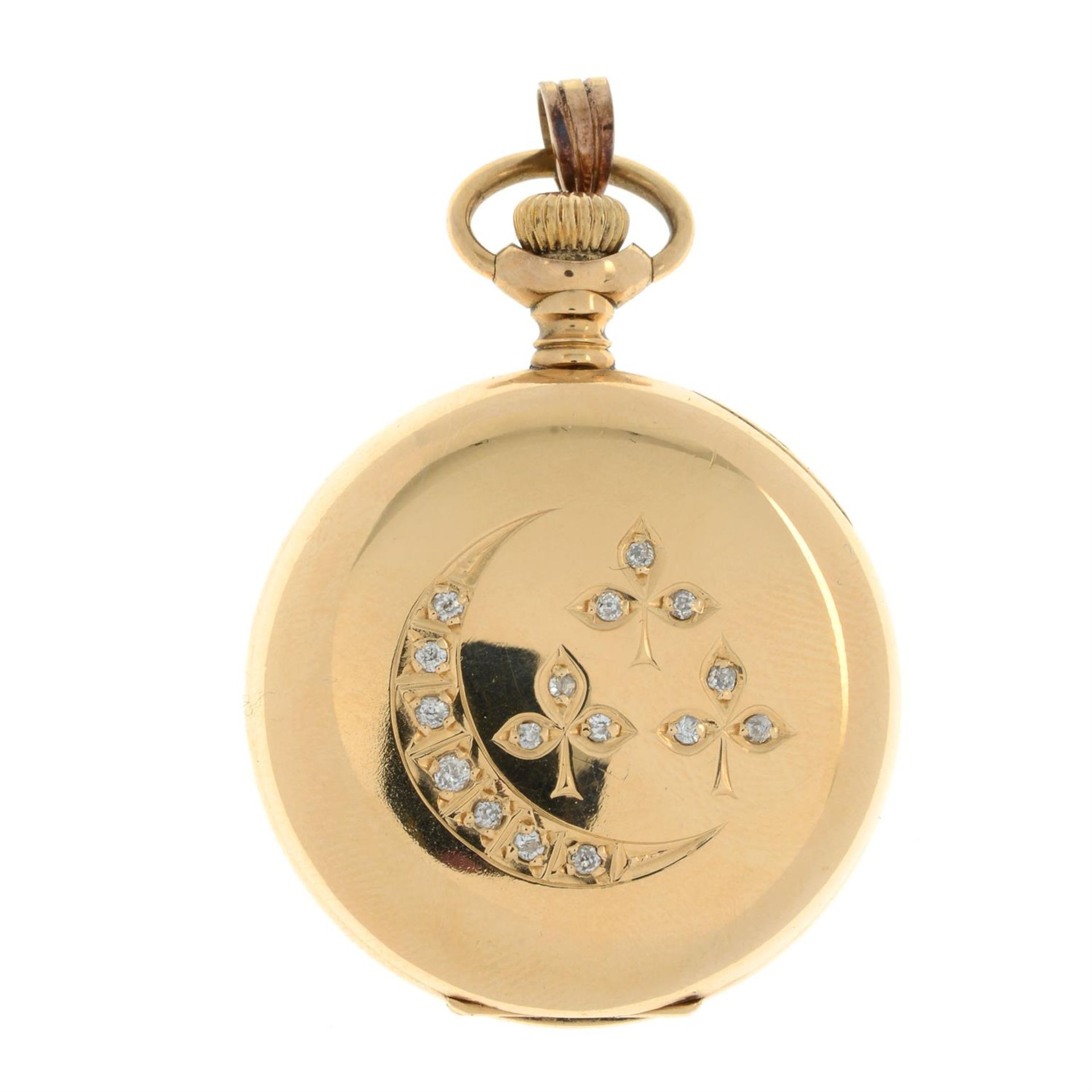 An early 20th century 14ct gold pocket watch, with old-cut diamond crescent moon and clover - Image 2 of 4