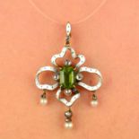 A late 19th century silver and gold, peridot, rose-cut diamond and seed pearl drop,