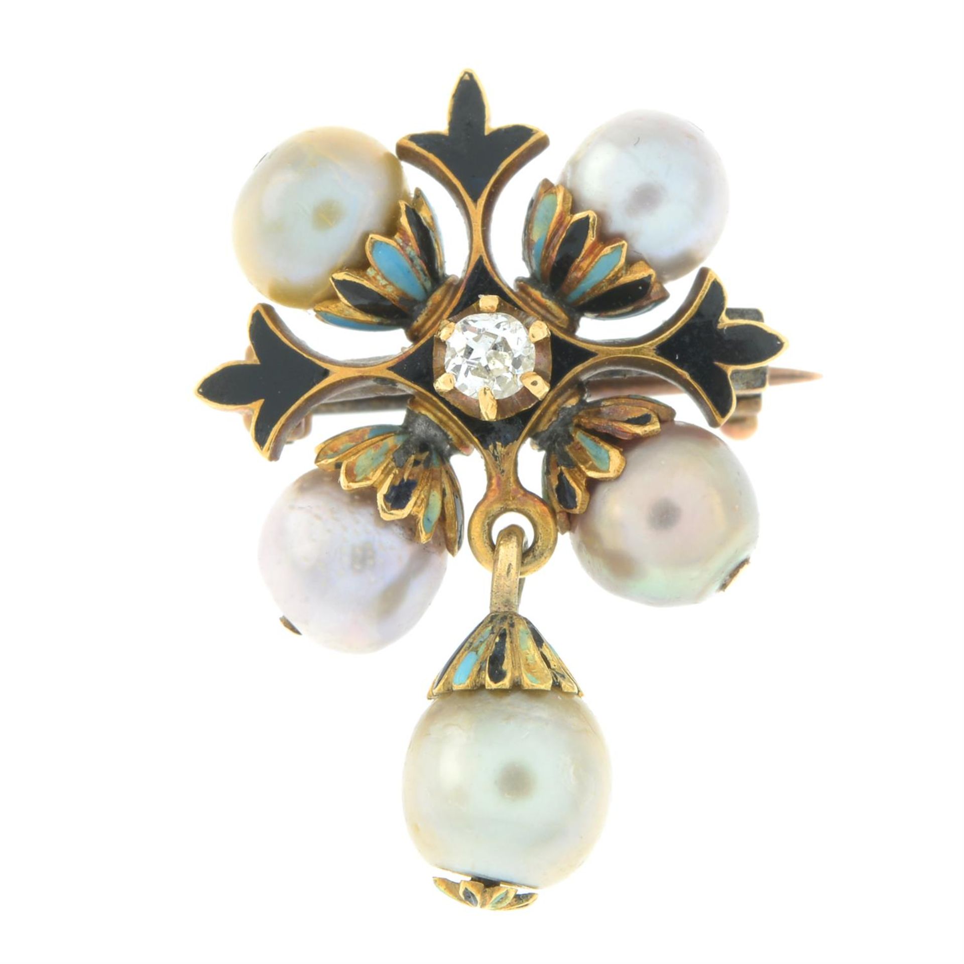 A mid to late 19th century gold, old-cut diamond, enamel and pearl pendant. - Bild 2 aus 4