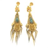 A pair of early Victorian 15ct gold turquoise cluster and tassel drop earrings.