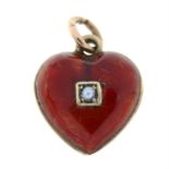 A late Victorian gold split pearl and red enamel heart charm/pendant.