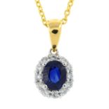 An 18ct gold sapphire and diamond pendant on chain.