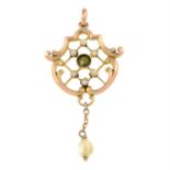 An early 20th century 9ct gold split pearl, pearl and green gem pendant.