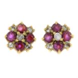 A pair of 9ct gold ruby and diamond cluster stud earrings.