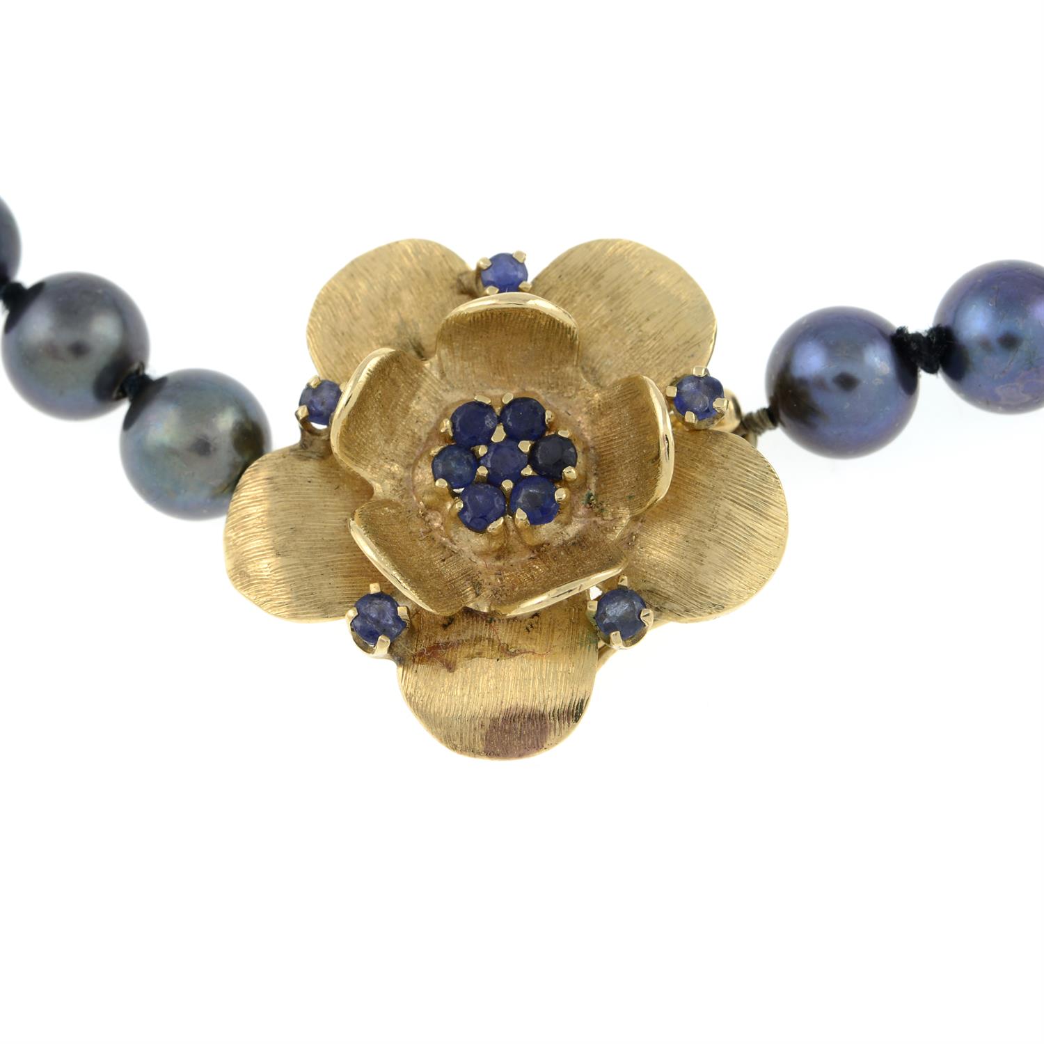 A cultured pearl single-strand necklace, with sapphire floral push-piece clasp. - Image 2 of 3