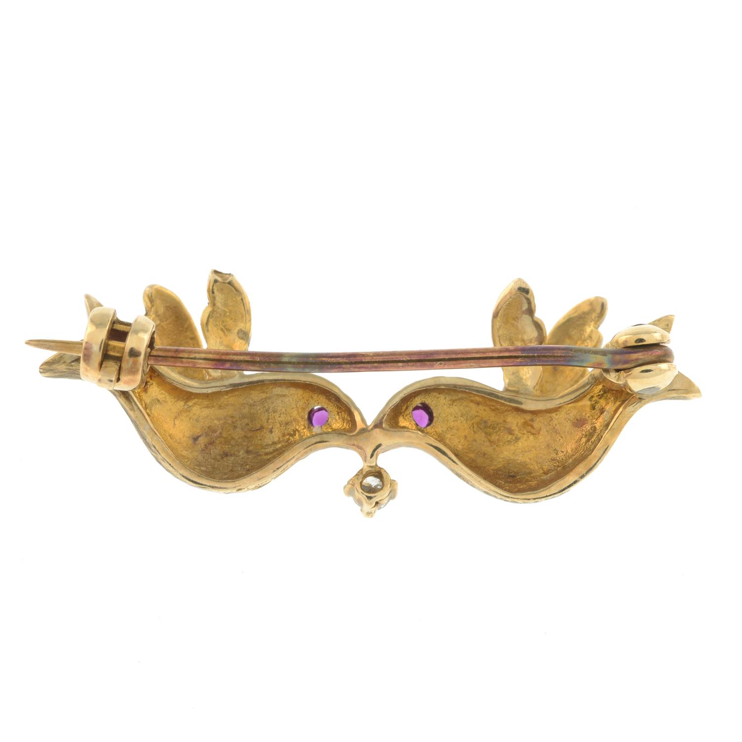 A 9ct gold dove duo brooch, with ruby and diamond highlights. - Image 2 of 2