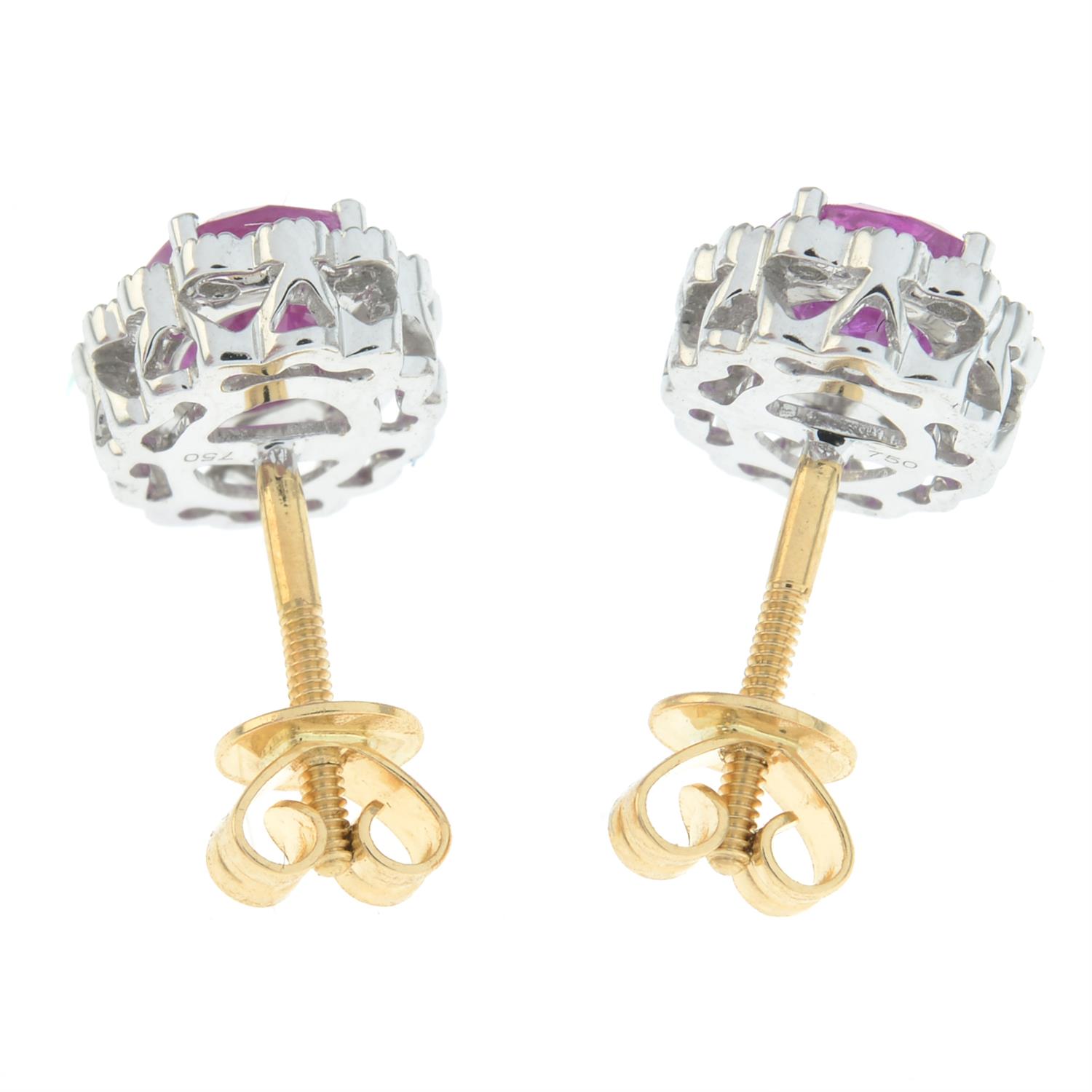 A pair of 18ct gold ruby and diamond cluster earrings. - Image 2 of 2